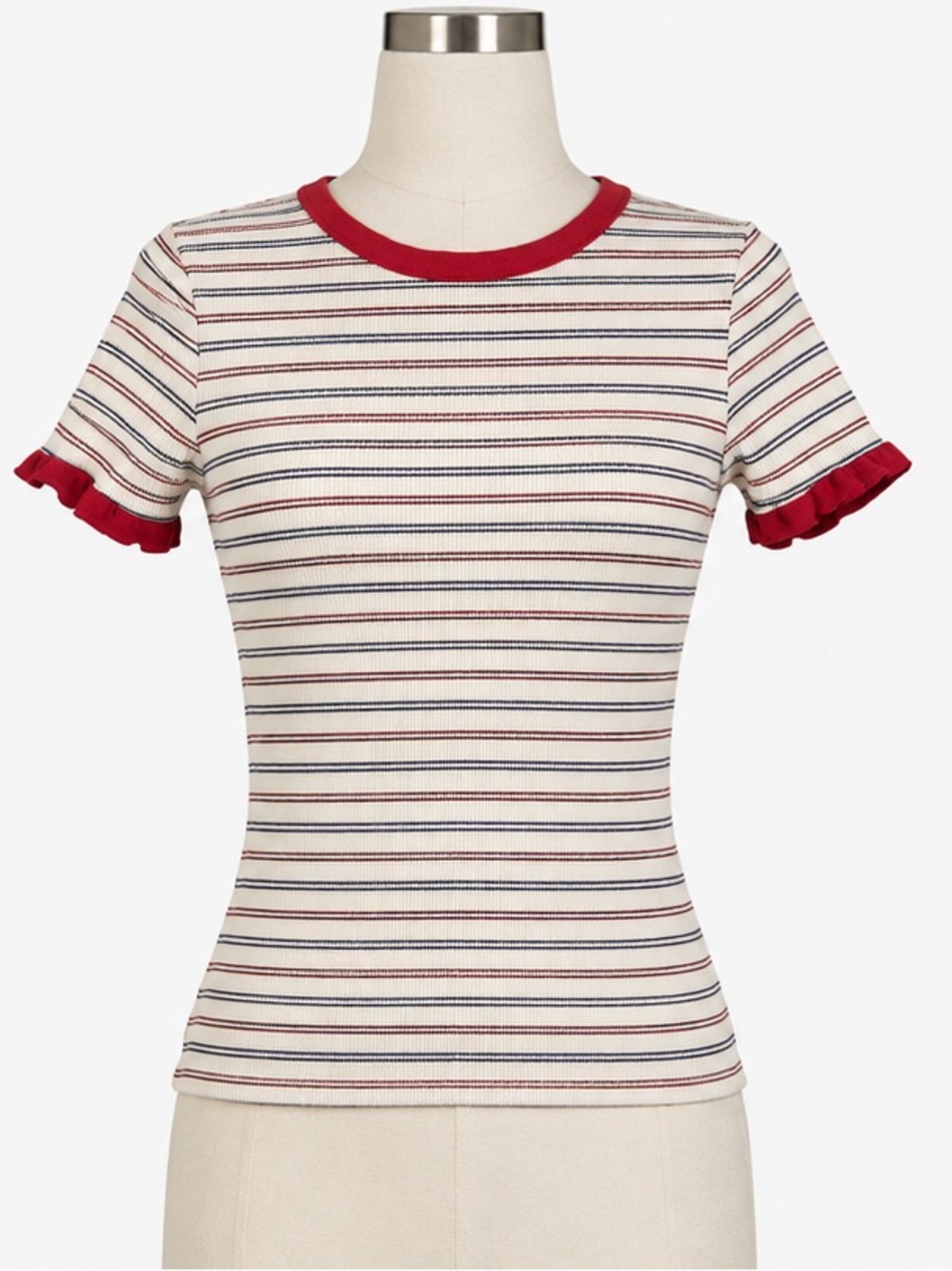gaze Cream Striped Ruffle Sleeve Tee with Red Trim